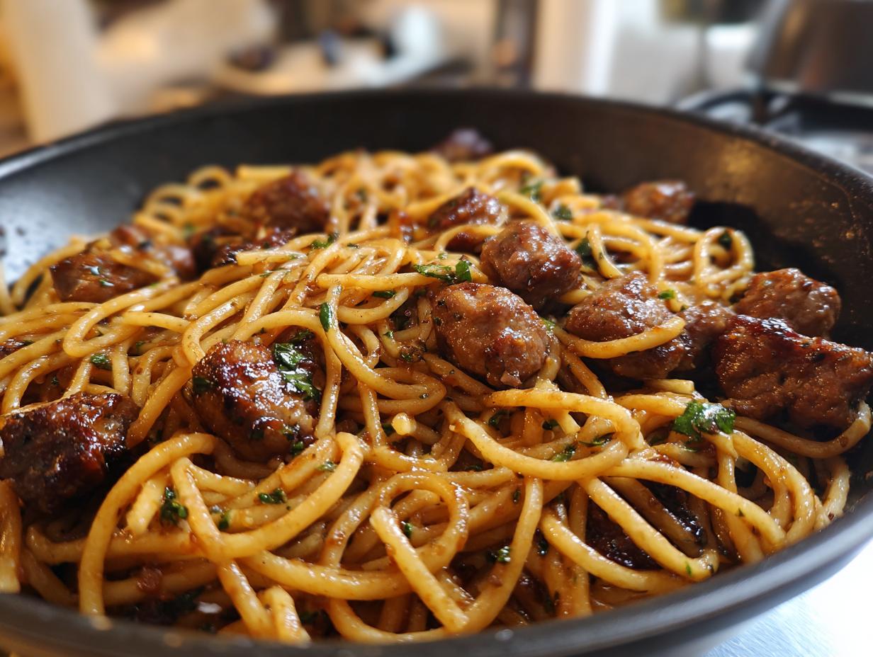 Amazing Sticky Honey Garlic Sausage Pasta Skillet