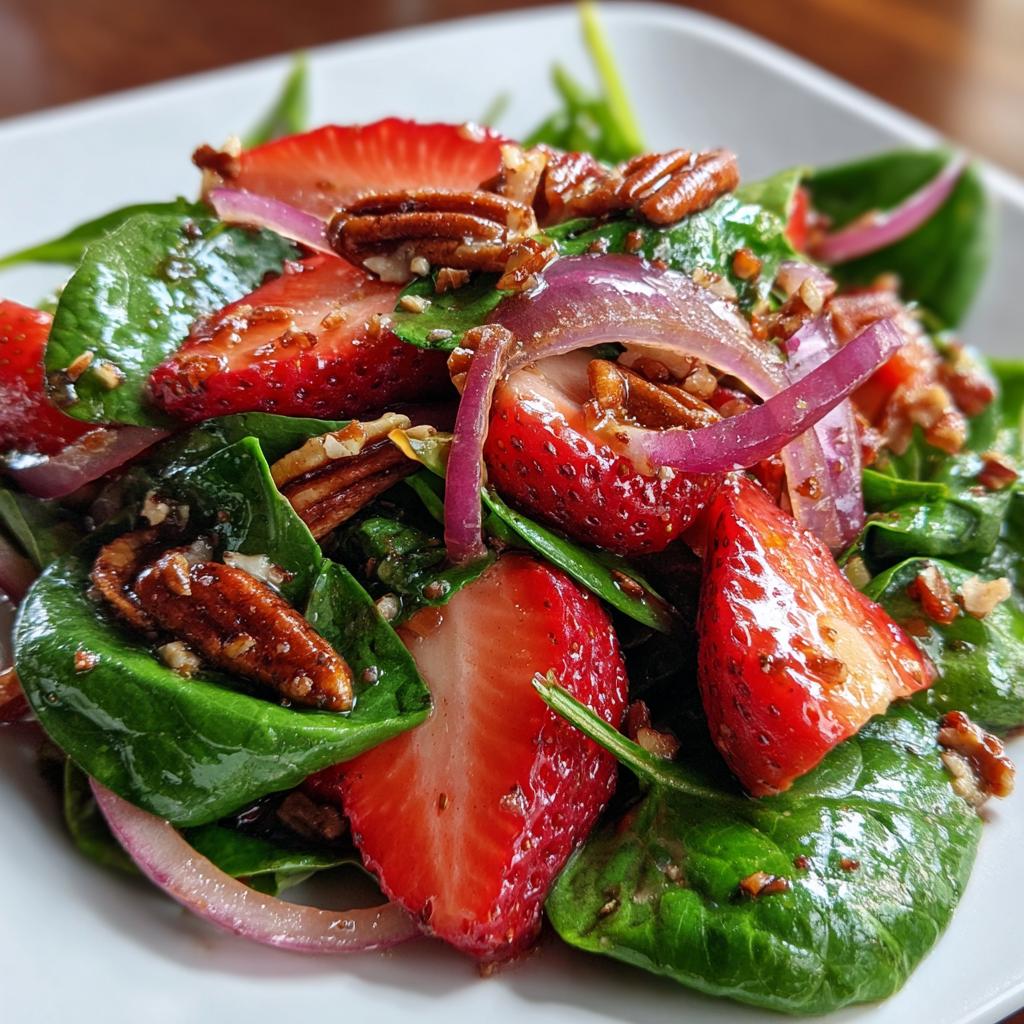 Close-up of a refreshing strawberry spinach salad with sliced strawberries, red onion, and pecans.