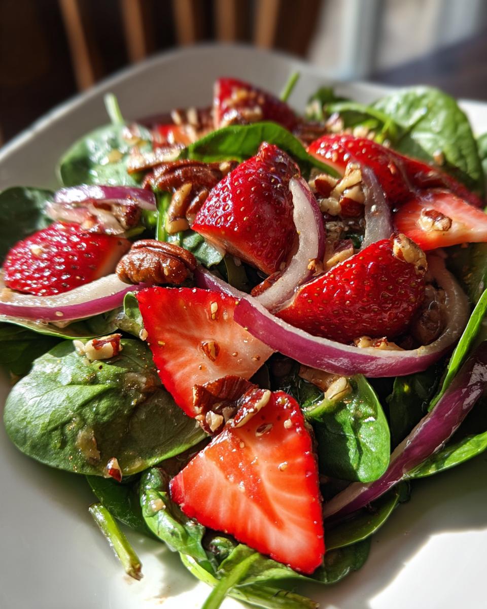 Close-up of a refreshing strawberry spinach salad with sliced strawberries, red onion, and pecans.