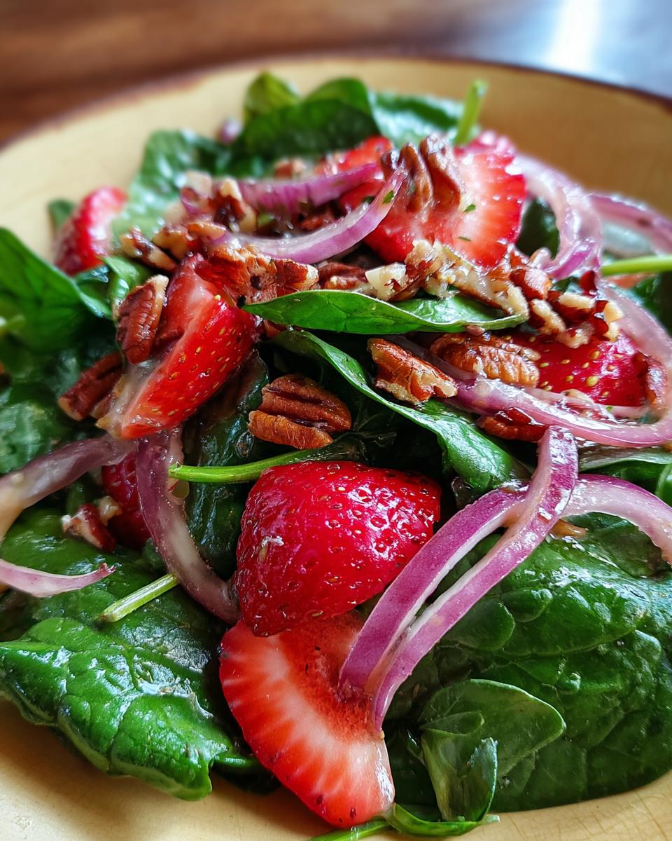 A close-up of a refreshing strawberry spinach salad with sliced strawberries, red onion, and pecans in a bowl.