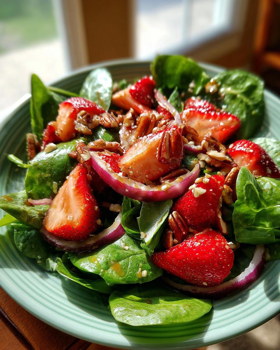 Close-up of a strawberry spinach salad with sliced strawberries, red onion, and pecans in a light vinaigrette.