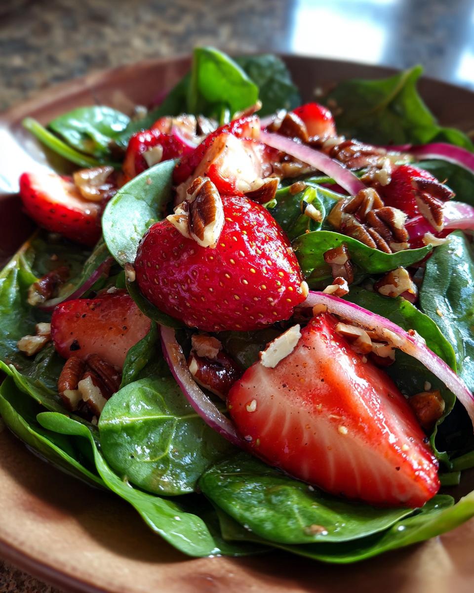 Close-up of a vibrant strawberry spinach salad with sliced strawberries, red onion, and chopped pecans.