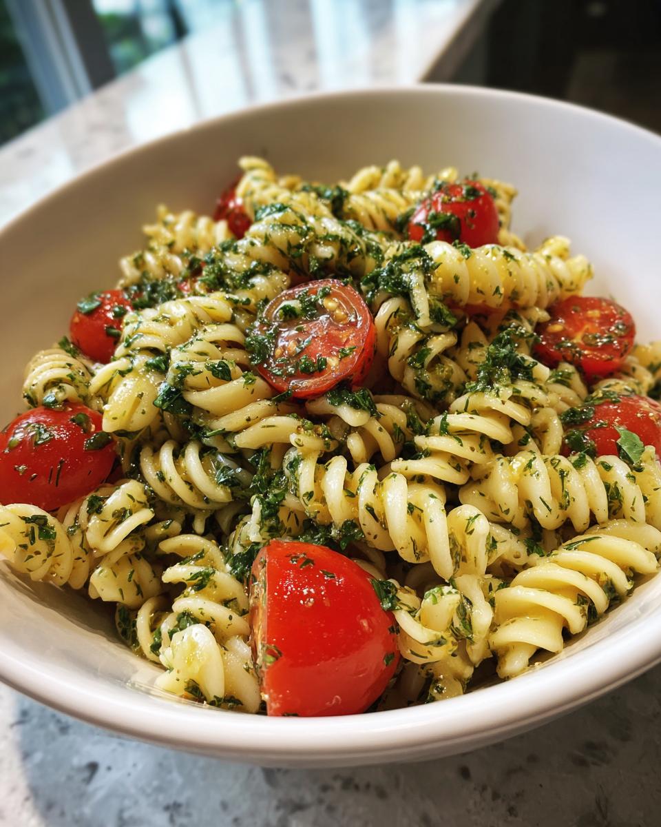 A bowl of fusilli pasta salad tossed with cherry tomatoes and fresh herbs, a perfect summer salad recipe.