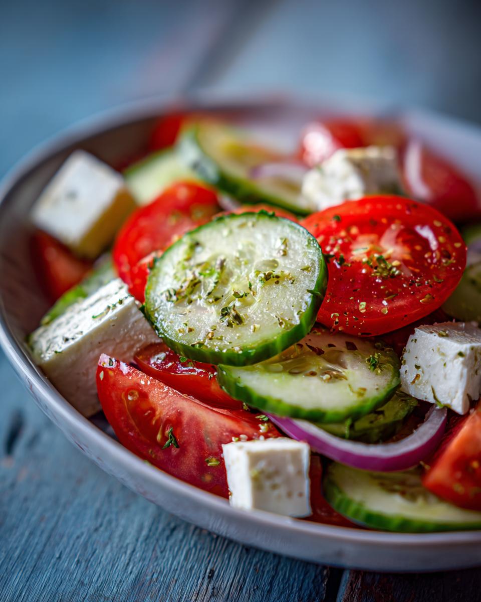 Close-up of a vibrant summer salad with cucumber, tomato, feta cheese, and red onion, perfect for cookouts.