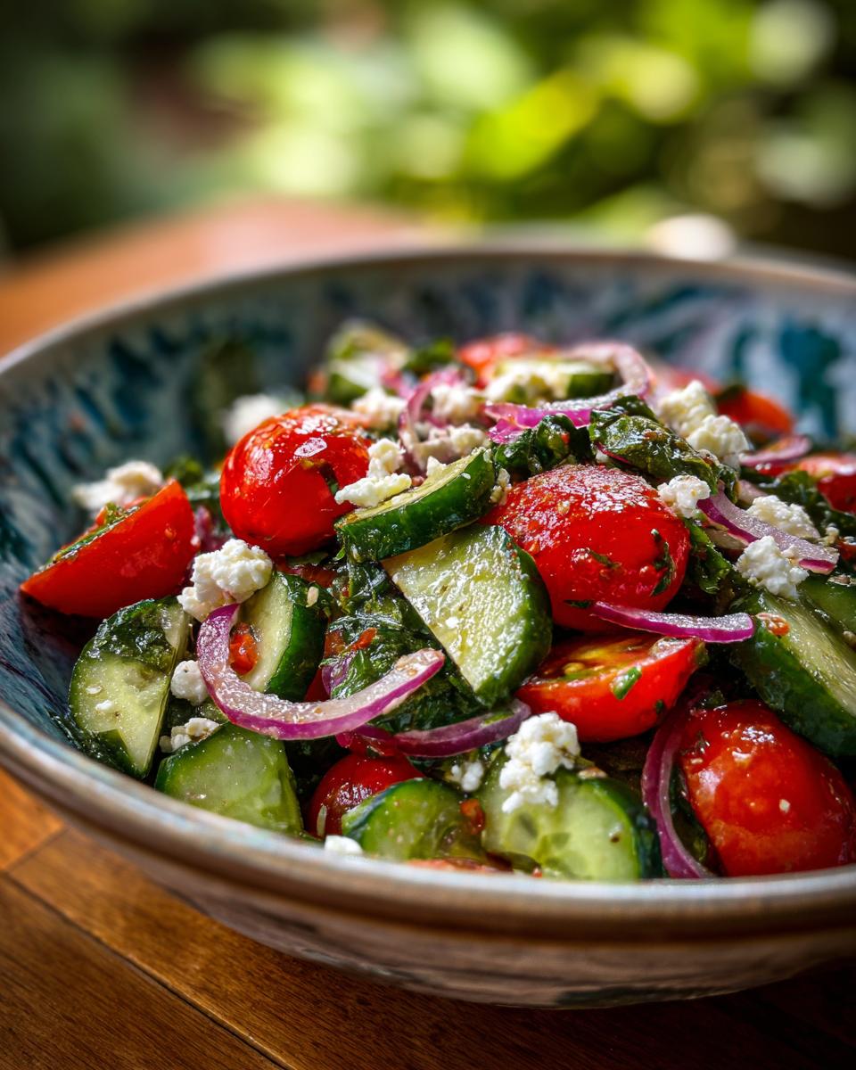 Close-up of a vibrant summer salad with cucumber, cherry tomatoes, feta cheese, and red onion.