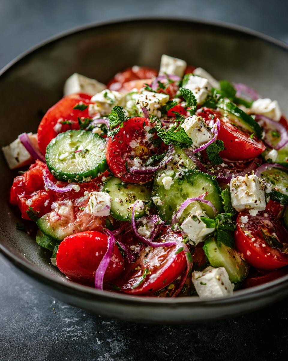 A refreshing summer salad with cucumber, tomato, feta cheese, red onion, and mint, perfect for cookouts.