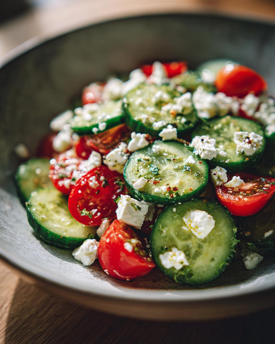 Close-up of a refreshing summer salad with sliced cucumbers, cherry tomatoes, and crumbled feta cheese.