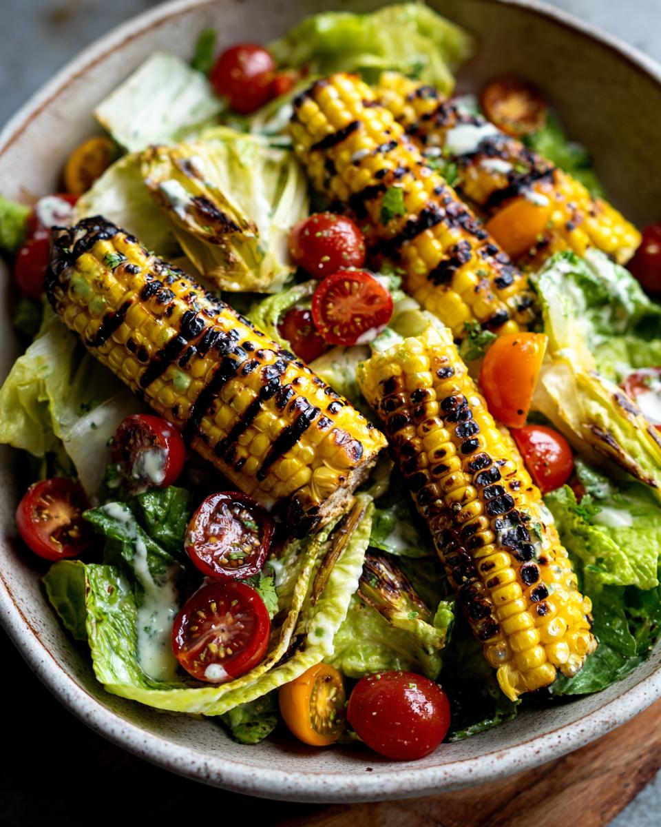A refreshing summer salad featuring grilled corn on the cob, cherry tomatoes, and crisp lettuce, drizzled with avocado lime dressing.
