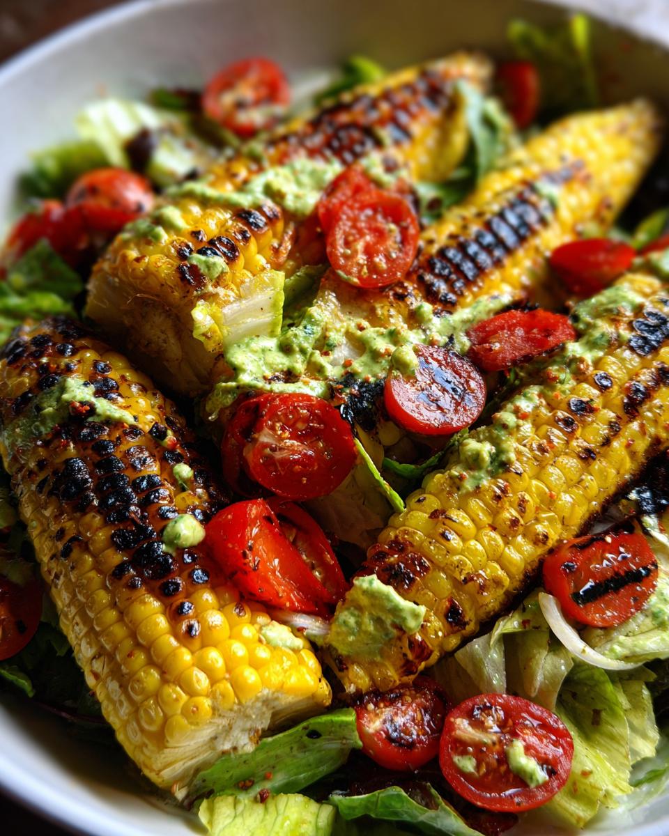 Close-up of a summer salad featuring grilled corn on the cob, cherry tomatoes, and avocado lime dressing.