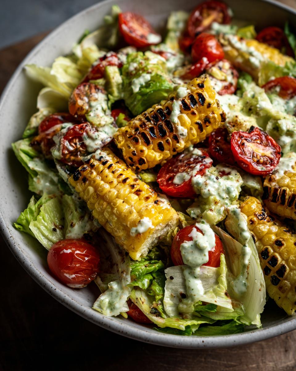 Close-up of a vibrant summer salad with grilled corn, cherry tomatoes, lettuce, and avocado lime dressing.