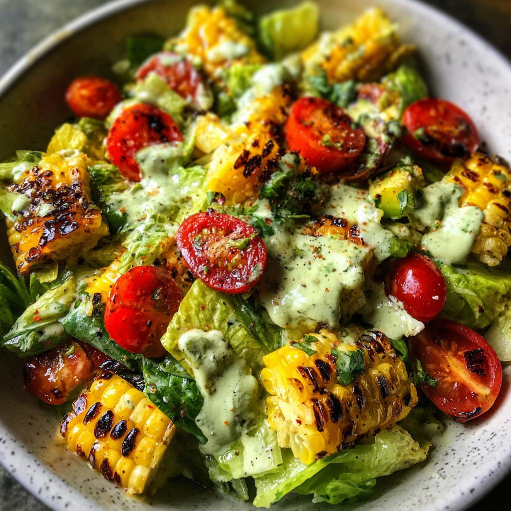 Close-up of a vibrant summer salad featuring grilled corn, cherry tomatoes, and avocado lime dressing.