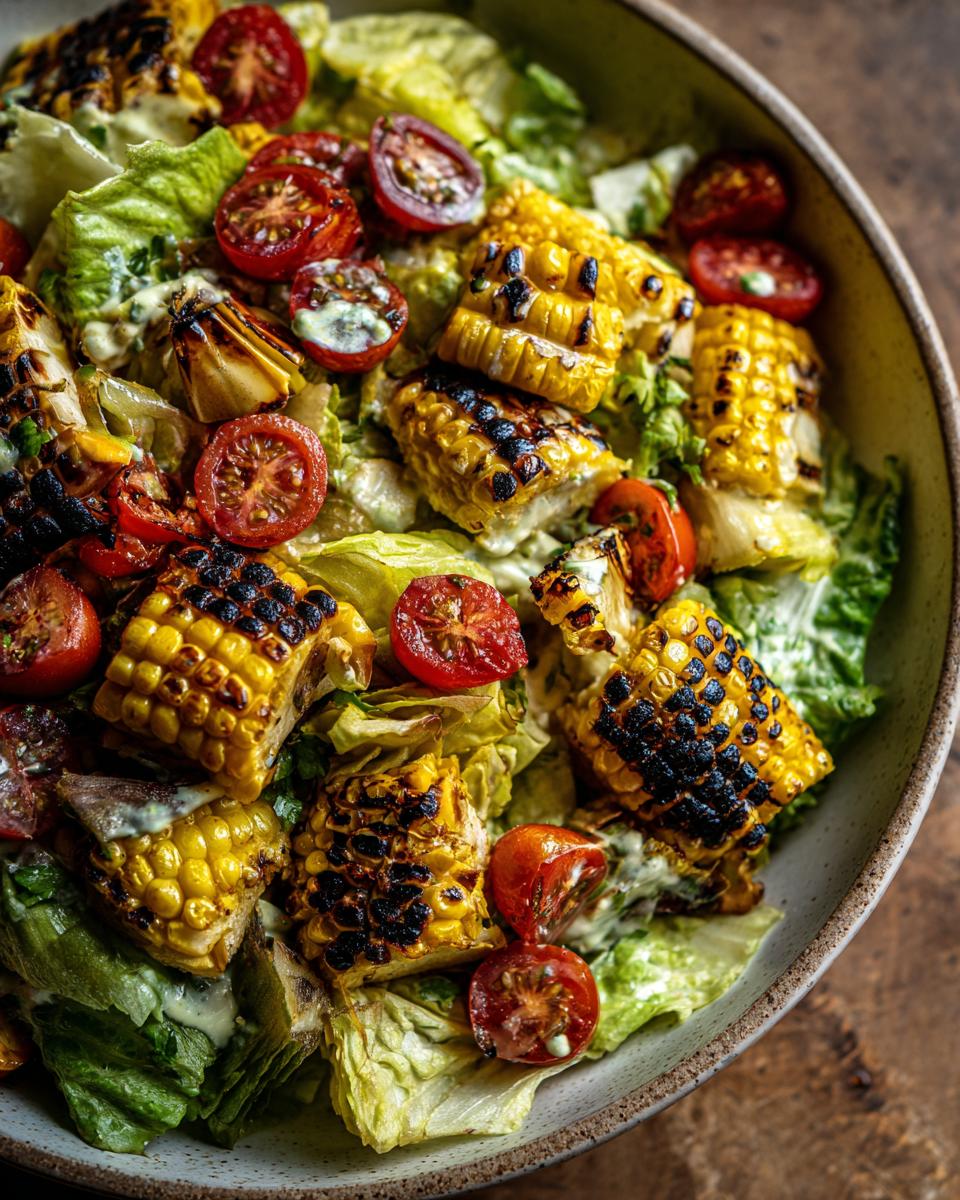 A vibrant summer salad featuring grilled corn, cherry tomatoes, and crisp lettuce, tossed in avocado lime dressing.