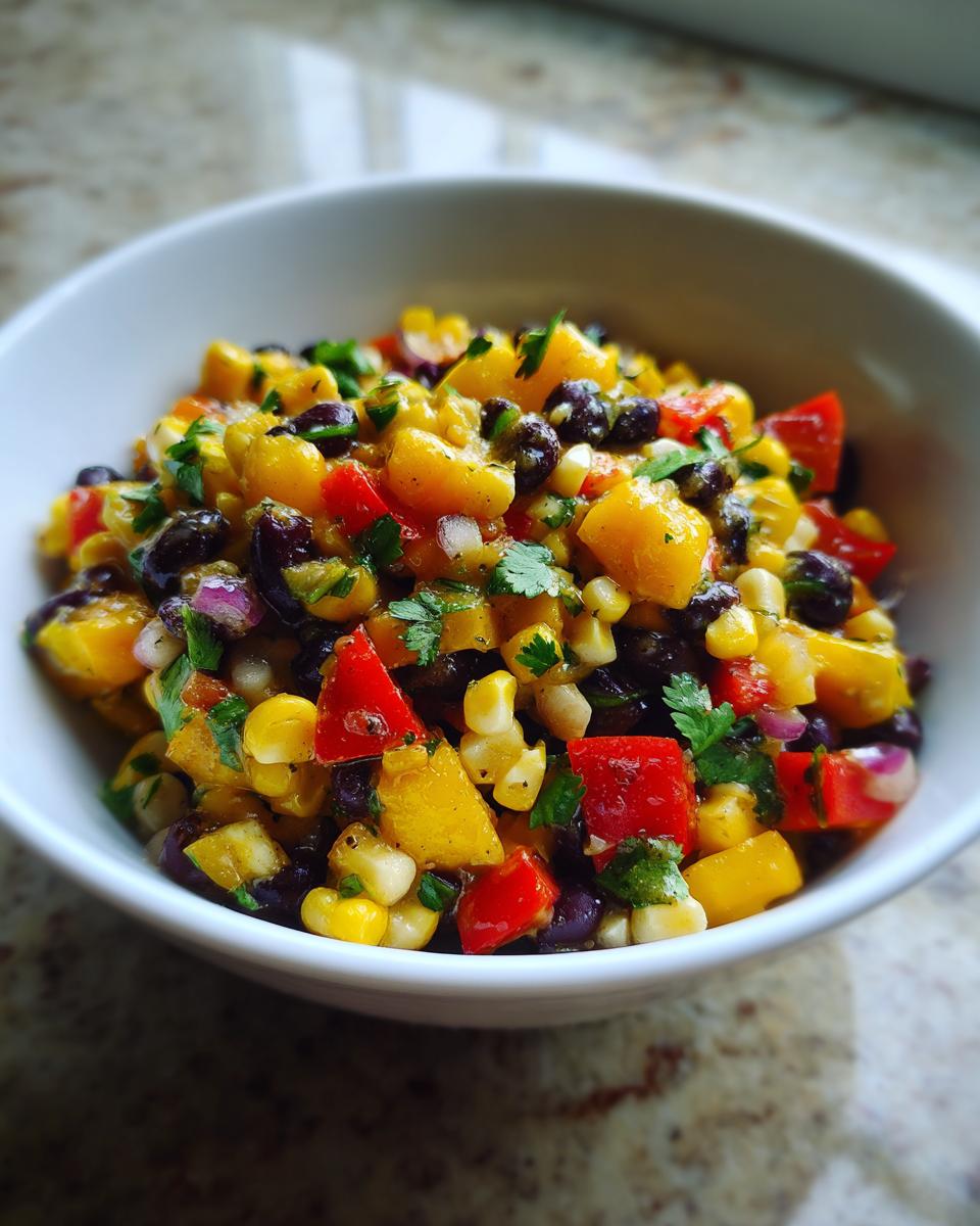 Close-up of a vibrant Summer Salad Recipe with Mango and Black Beans, featuring corn, red peppers, and cilantro.