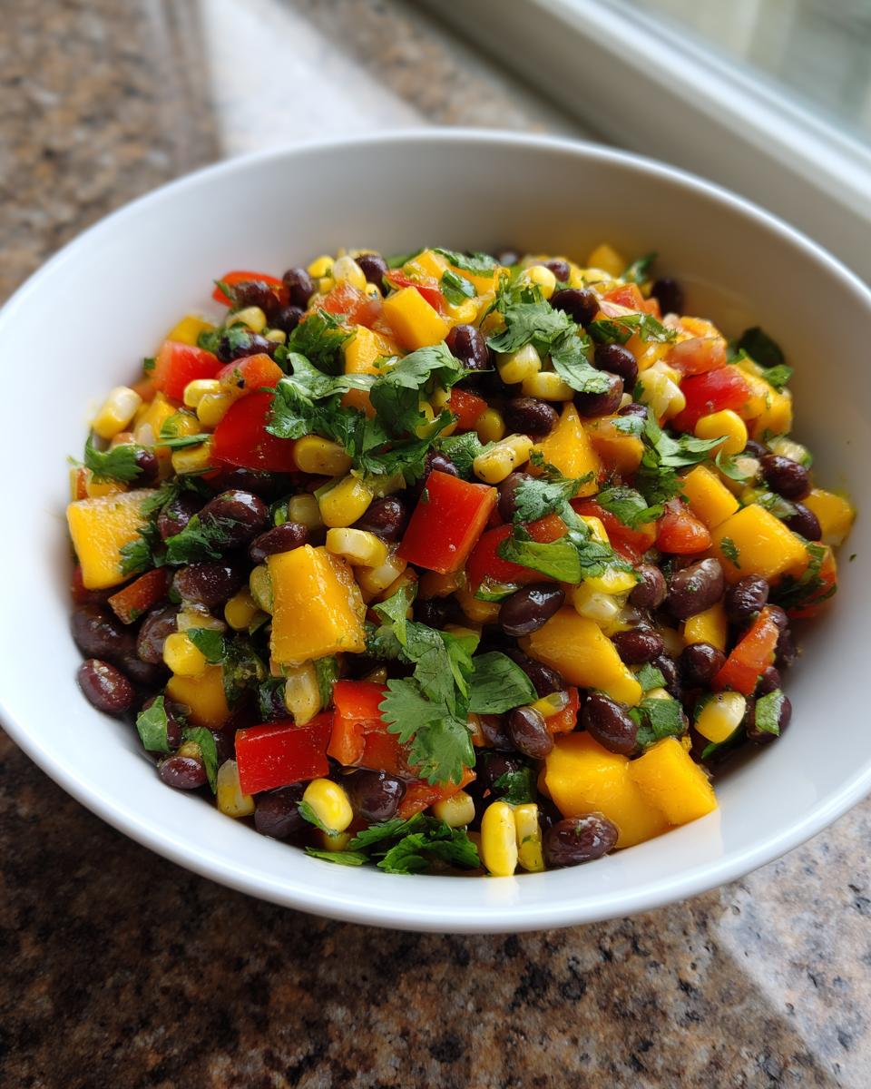 Close-up of a Summer Salad Recipe with Mango, Black Beans, Corn, Red Pepper, and Cilantro in a white bowl.