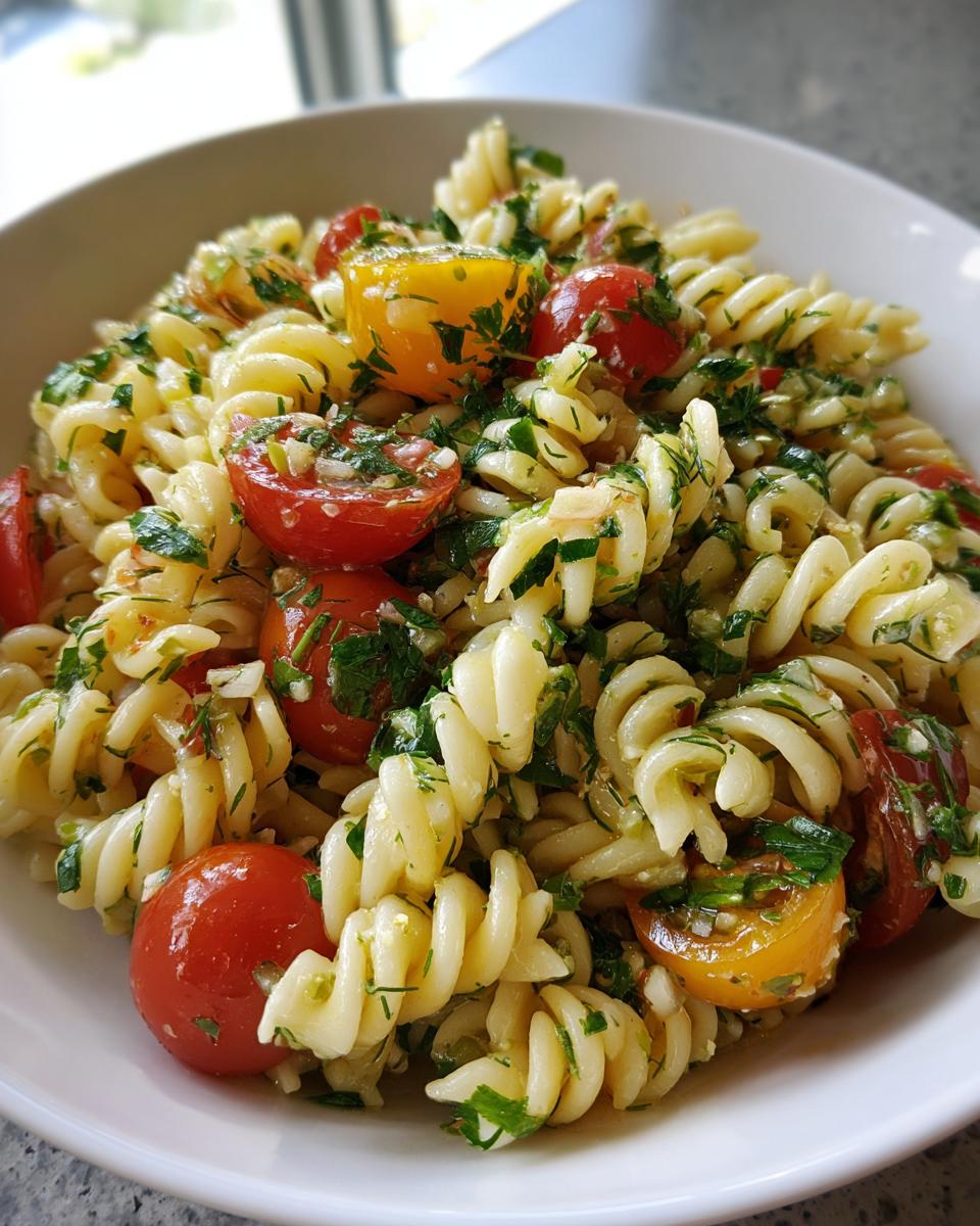 A close-up of a refreshing pasta salad with fusilli noodles, cherry tomatoes, and fresh herbs, perfect for summer salad recipes.