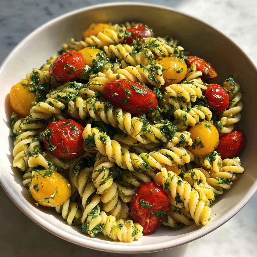 A close-up of a bowl of fusilli pasta salad with cherry tomatoes and fresh herbs, part of Summer Salad Recipes.