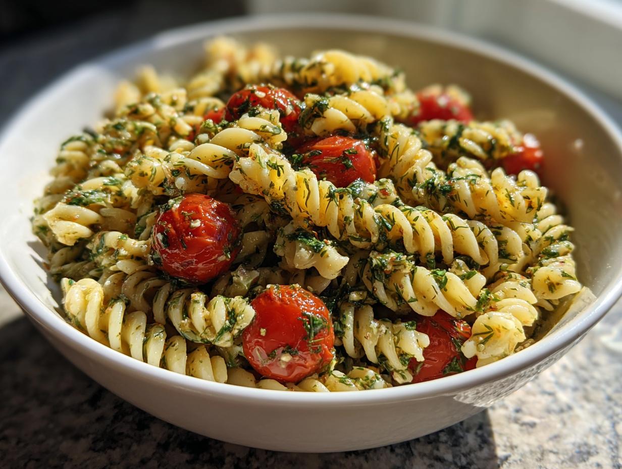 A bowl of fusilli pasta salad with cherry tomatoes and fresh herbs, a perfect summer salad recipe.