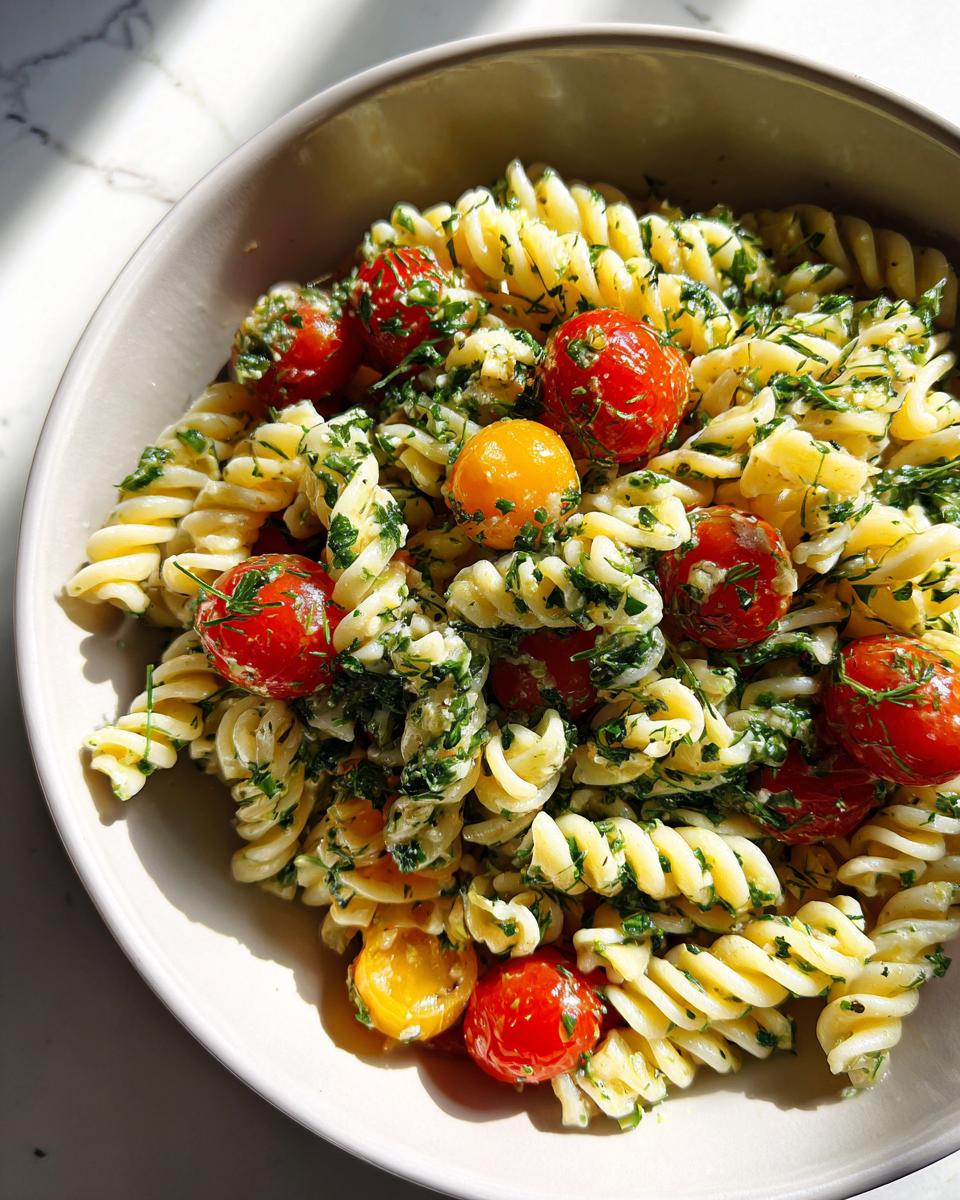 A bowl of fusilli pasta salad with cherry tomatoes and fresh herbs, a perfect summer salad recipe.