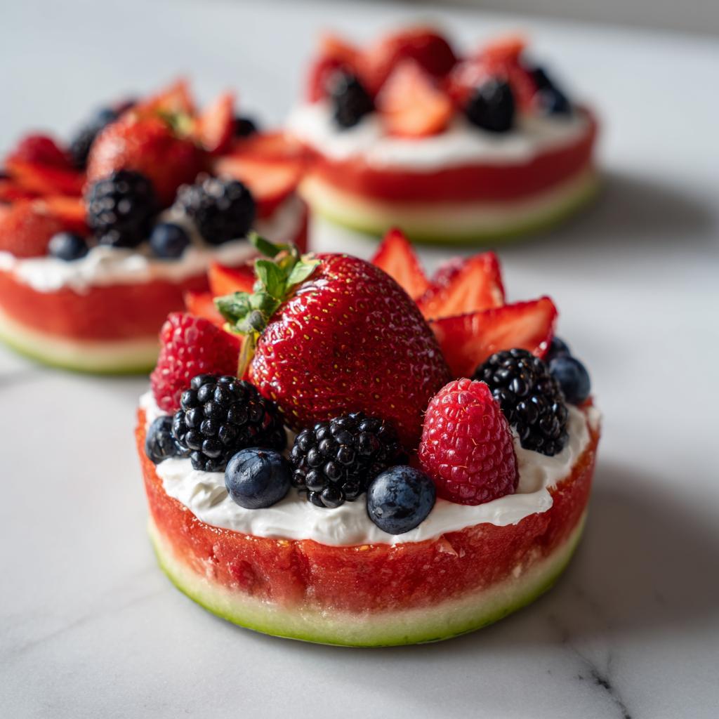 Close-up of a refreshing Watermelon Berry Fruit Pizza, topped with whipped cream and fresh berries like strawberries, blueberries, and blackberries.