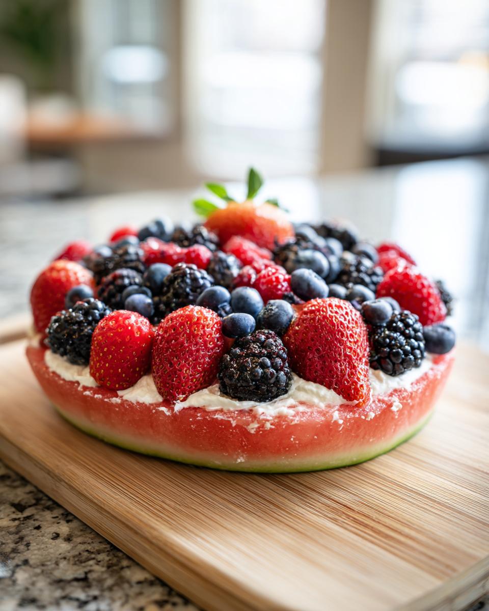A refreshing watermelon berry fruit pizza topped with cream cheese and mixed berries, perfect for summer dessert.