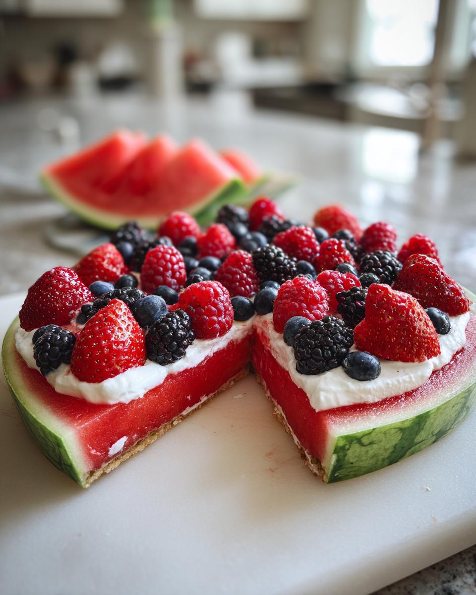 A refreshing Watermelon Berry Fruit Pizza for Summer Dessert, topped with whipped cream and mixed berries.