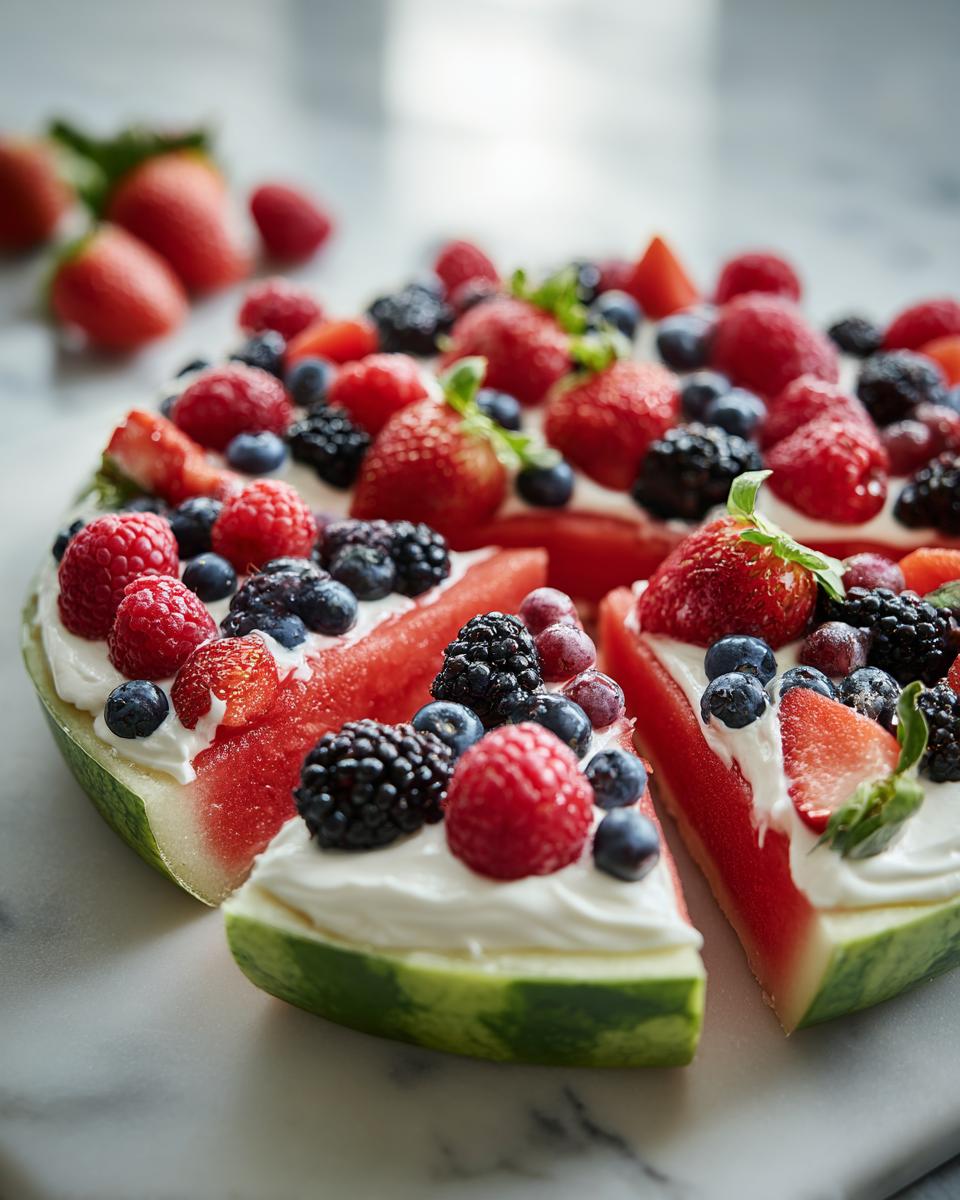 A refreshing Watermelon Berry Fruit Pizza for Summer Dessert, topped with whipped cream and a colorful assortment of fresh berries.