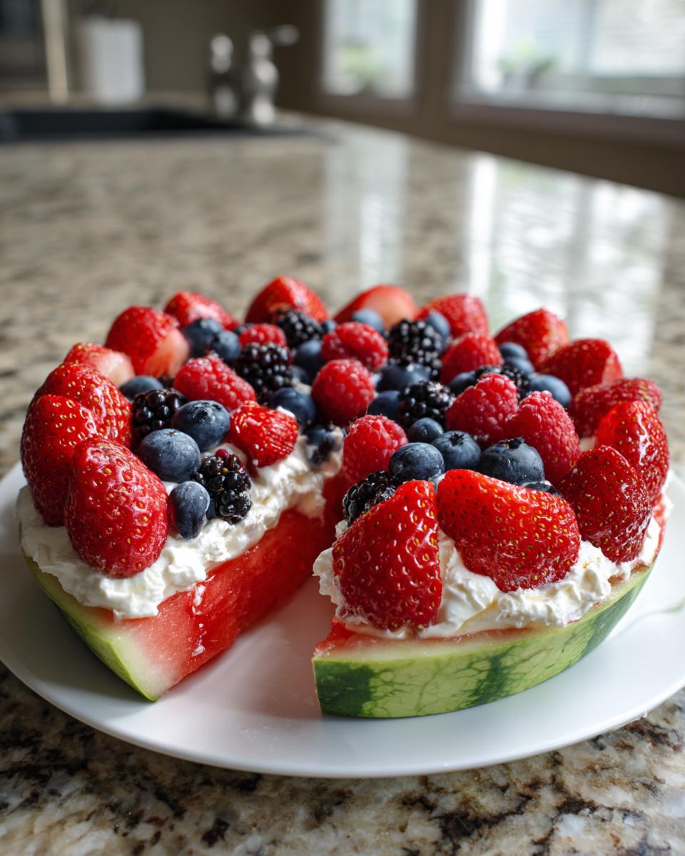 A slice of Watermelon Berry Fruit Pizza topped with whipped cream and fresh strawberries, blueberries, raspberries, and blackberries.