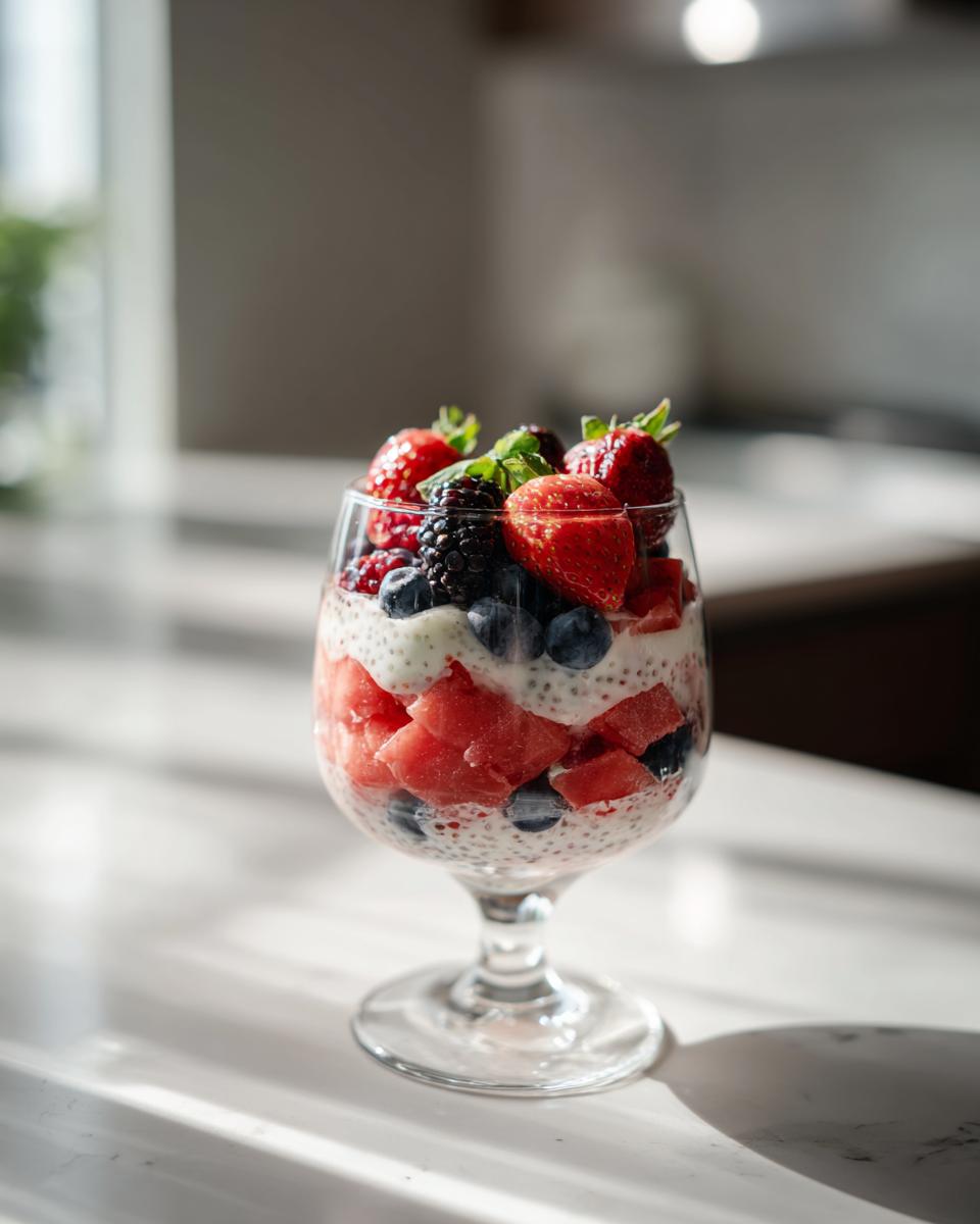 A refreshing watermelon recipe for chia parfaits layered with yogurt and mixed berries in a stemmed glass.