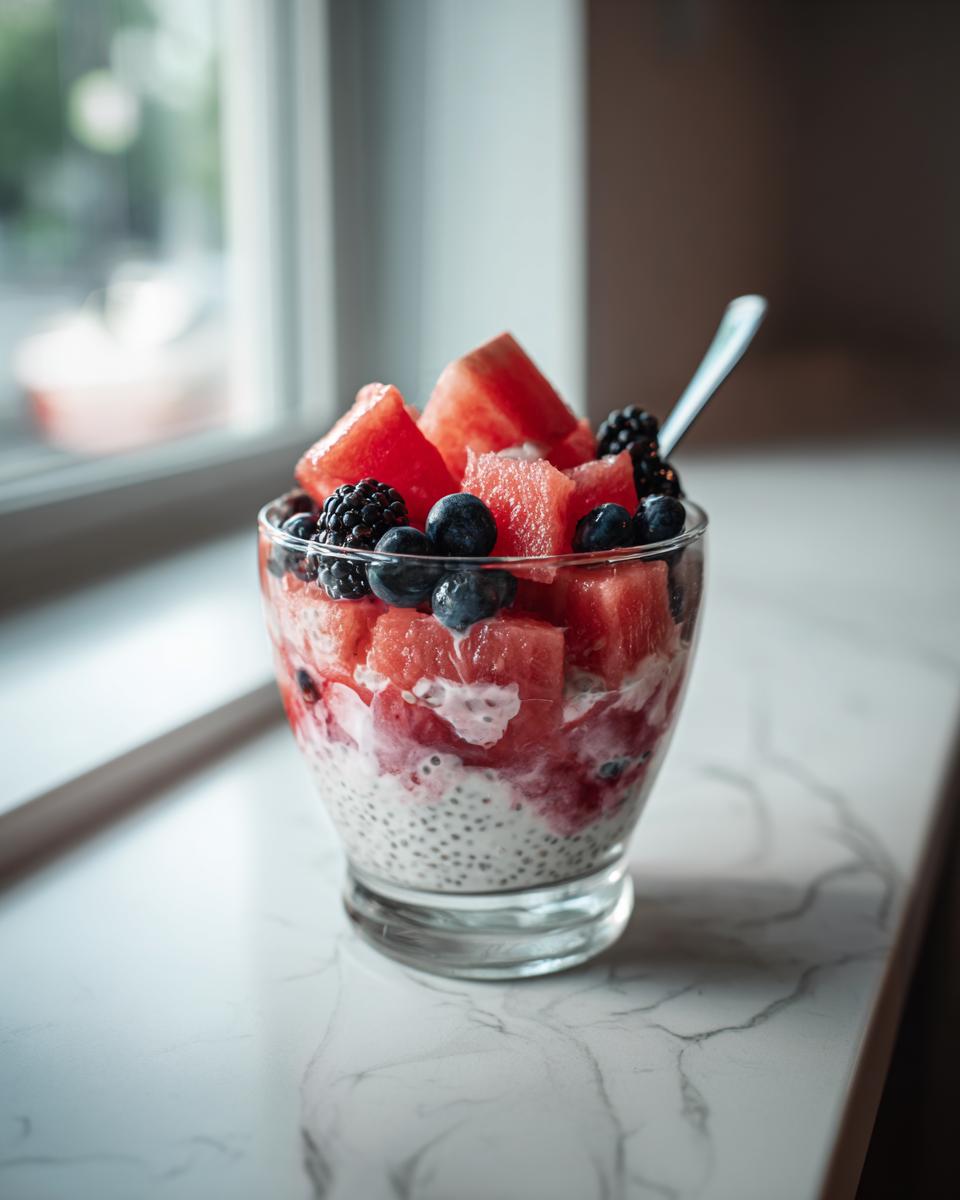 A refreshing watermelon recipe for chia parfaits layered with fresh blueberries and blackberries.