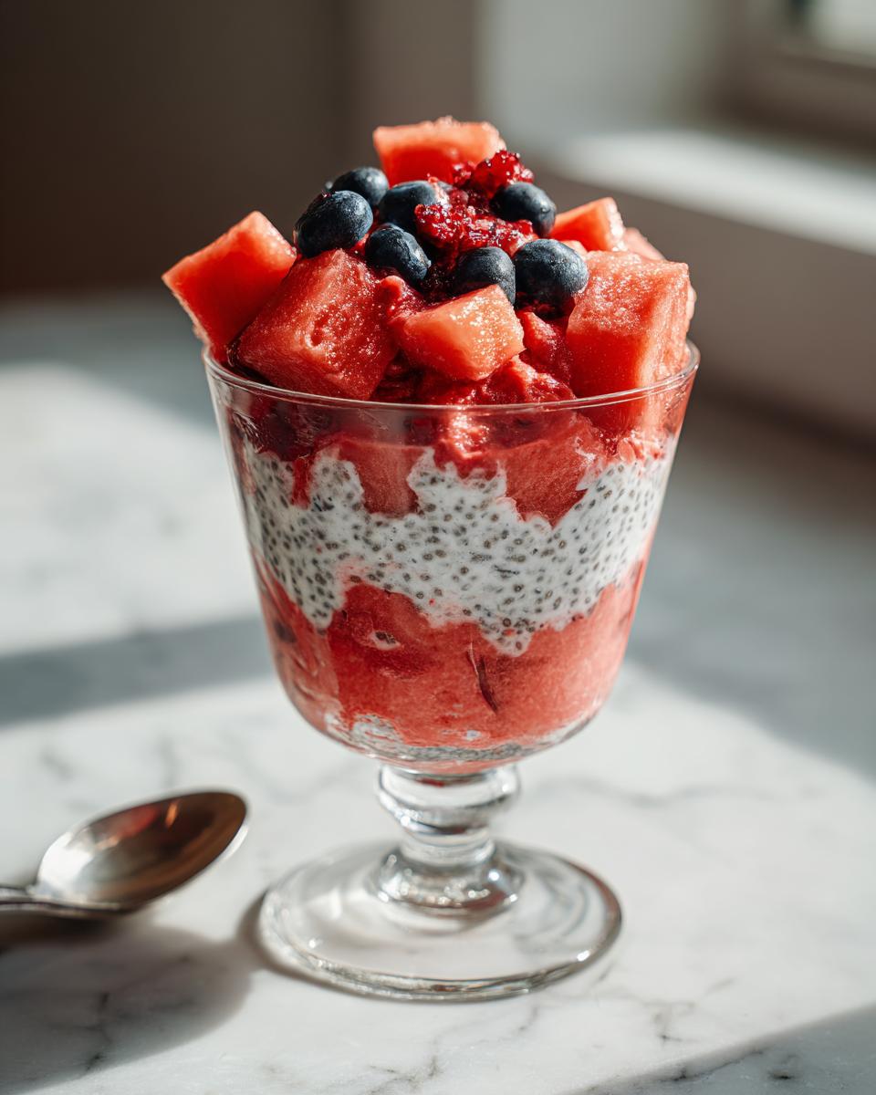 A refreshing watermelon recipe for chia parfaits, layered with chia pudding, watermelon puree, and topped with fresh watermelon cubes, blueberries, and raspberries.