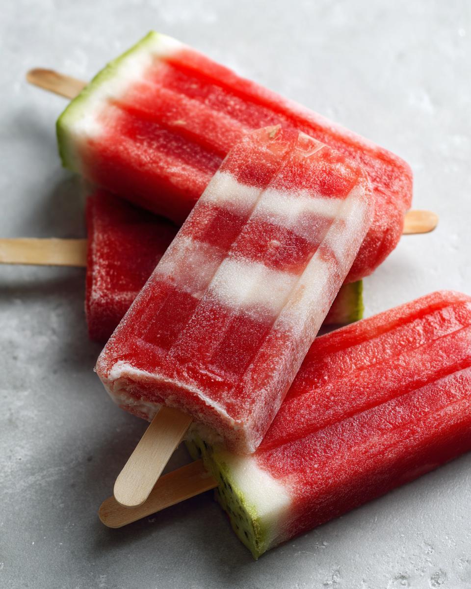 Close-up of refreshing watermelon coconut lime popsicles, perfect for kids, with visible watermelon texture and white stripes.