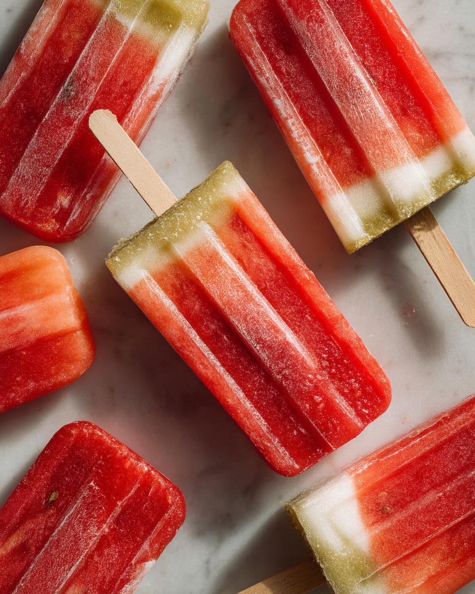 Close-up of refreshing watermelon coconut lime popsicles, perfect for kids, on a marble surface.