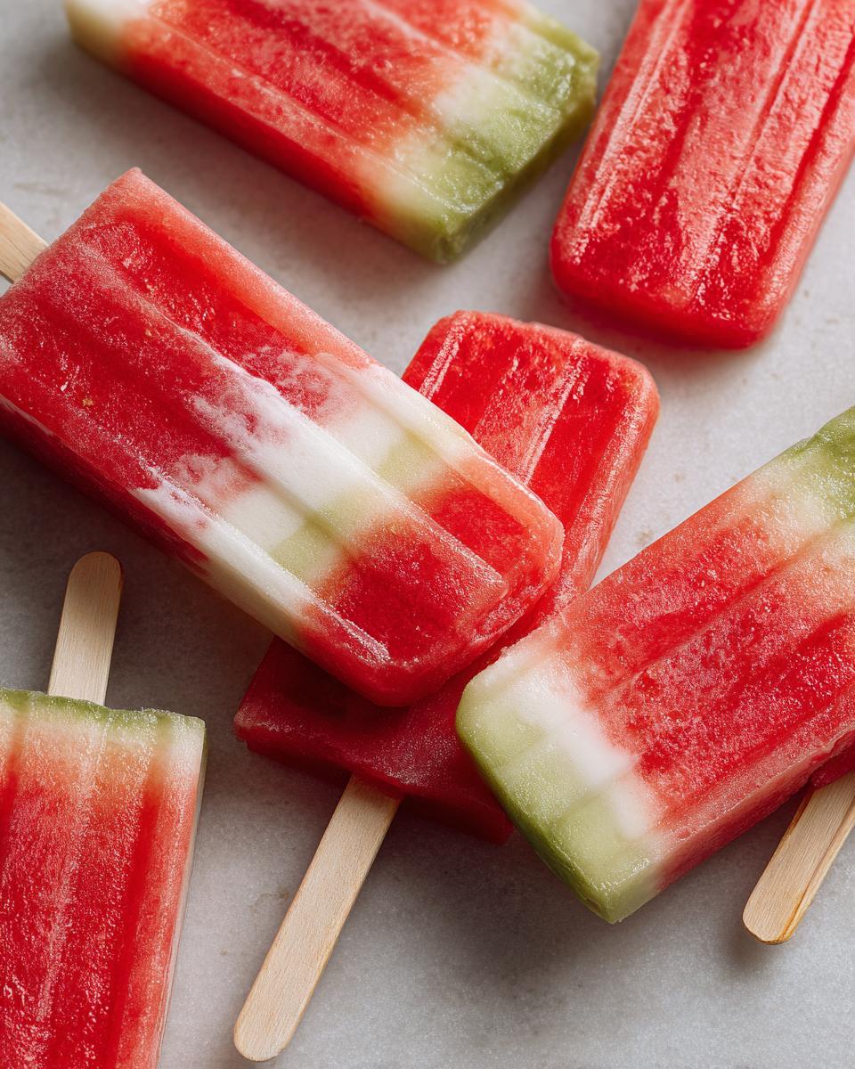 Close-up of refreshing watermelon recipes: coconut lime popsicles kids will love, with vibrant red and green layers.