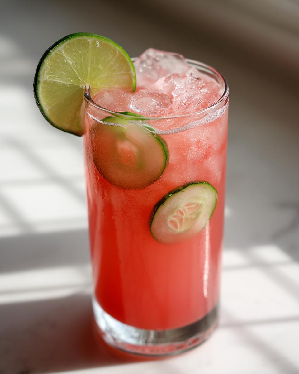 A tall glass filled with pink Watermelon Cucumber Agua Fresca, garnished with cucumber slices and a lime wedge.