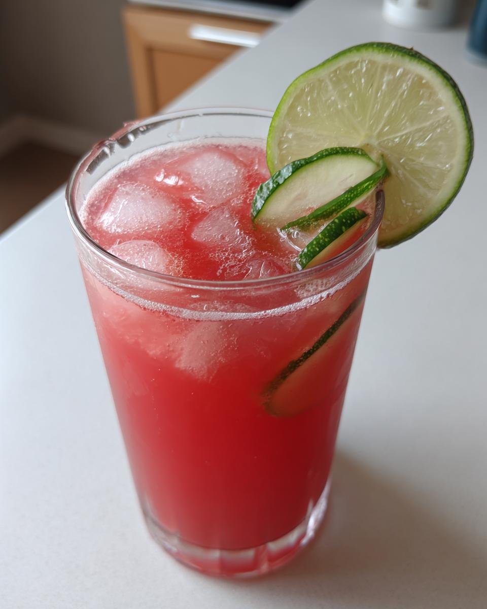 A tall glass filled with vibrant pink Watermelon and Cucumber Agua Fresca, garnished with lime and cucumber slices.