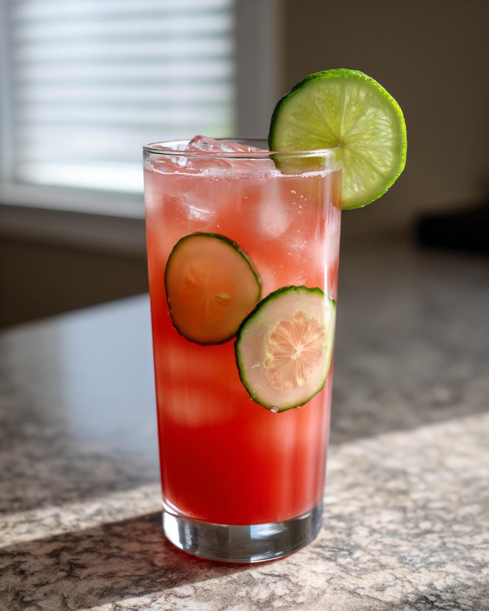 A refreshing glass of watermelon cucumber agua fresca, garnished with cucumber slices and a lime wedge.