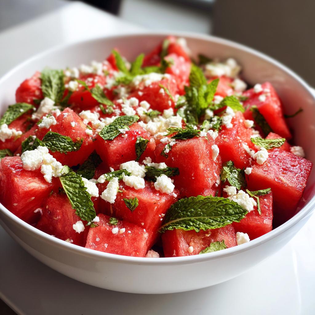 Close-up of a white bowl filled with cubed watermelon, crumbled feta cheese, and fresh mint leaves, perfect for watermelon recipes.