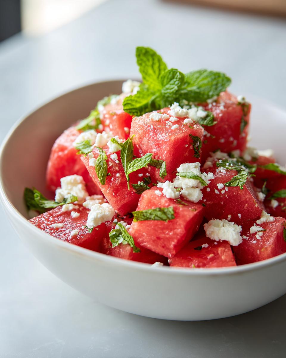 Refreshing watermelon salad with feta cheese and mint leaves in a white bowl, perfect for hot summer days.