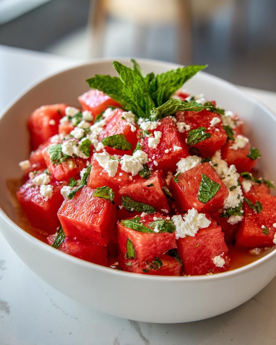 Refreshing watermelon salad with feta cheese and mint, perfect for hot summer days.