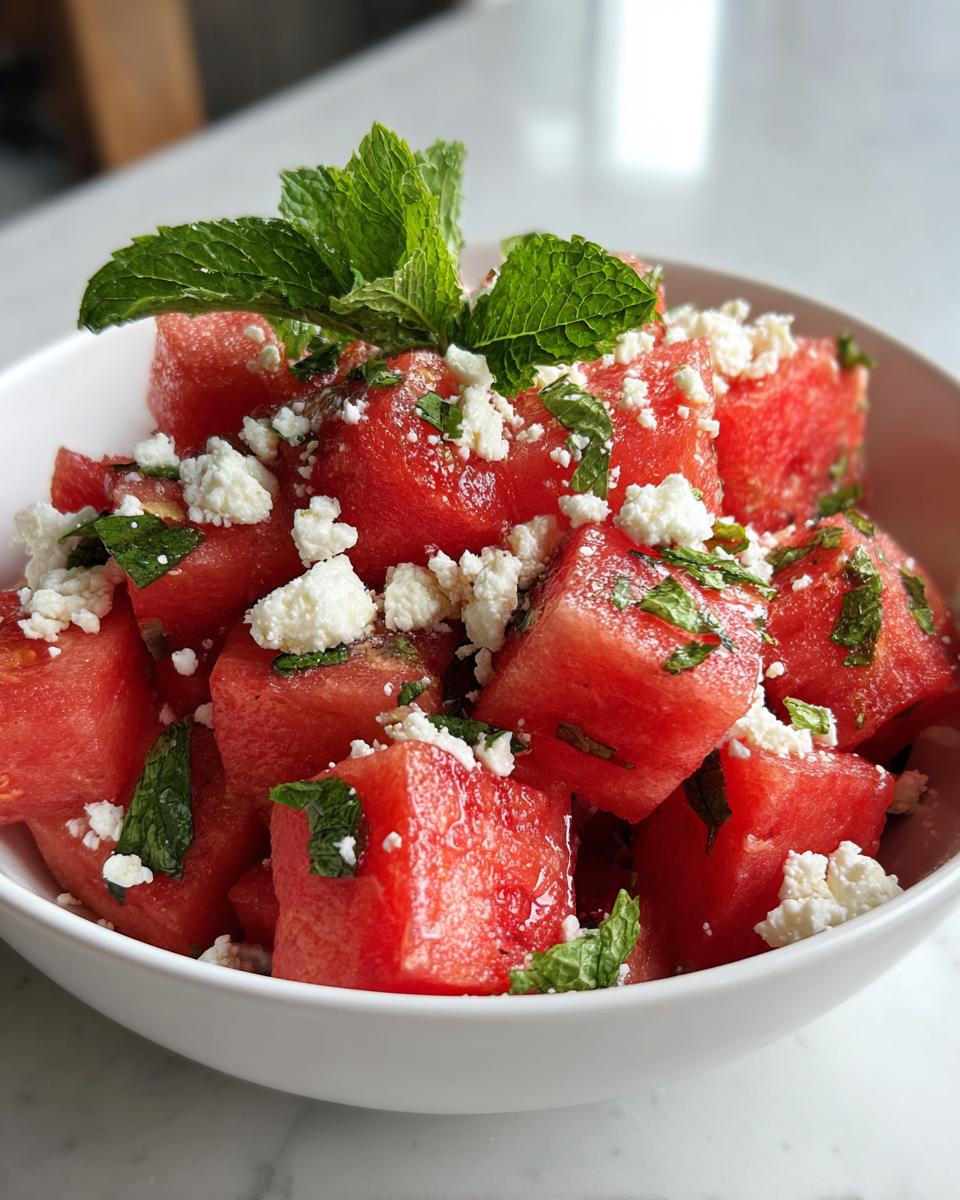 Close-up of a refreshing watermelon salad with feta cheese and mint leaves, perfect for summer.