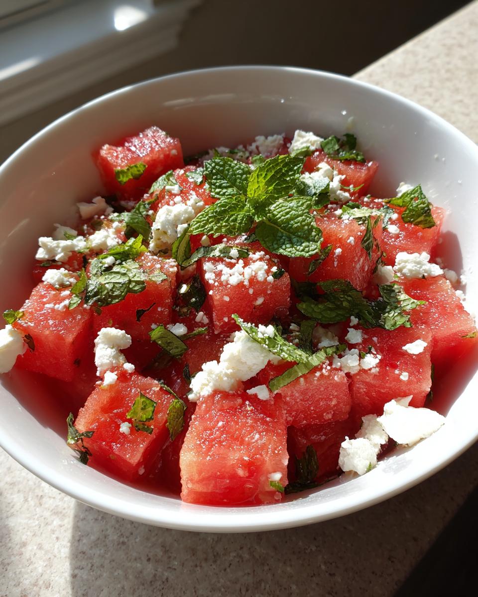 Close-up of a white bowl filled with cubed watermelon, crumbled feta cheese, and fresh mint leaves.