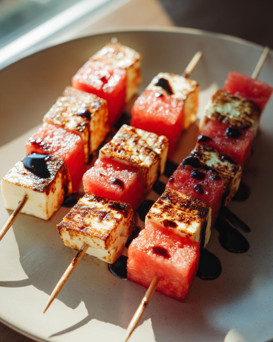 Close-up of grilled watermelon and halloumi cheese skewers drizzled with balsamic glaze.