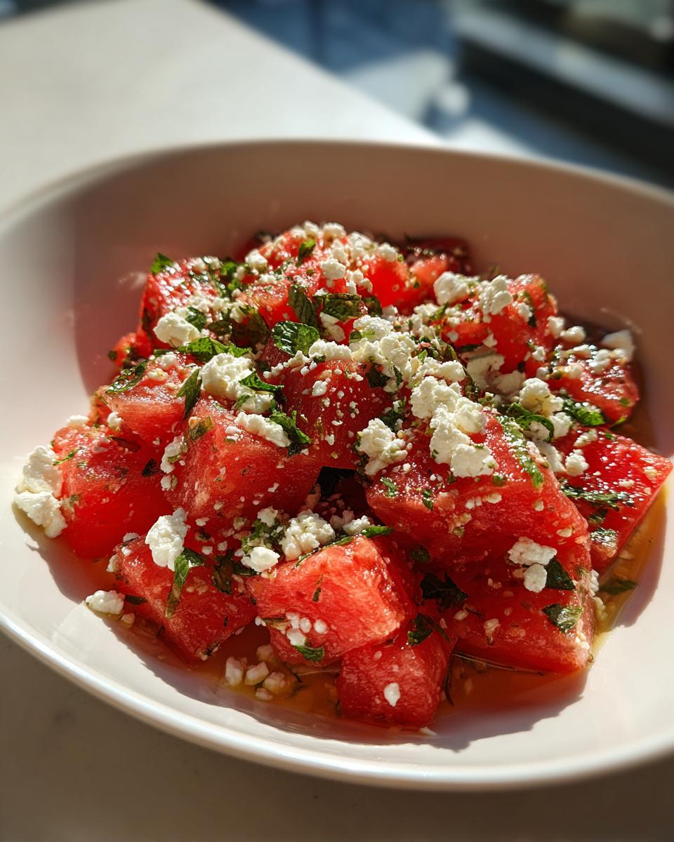 A refreshing summer salad with cubed watermelon, crumbled feta cheese, and chopped mint leaves.