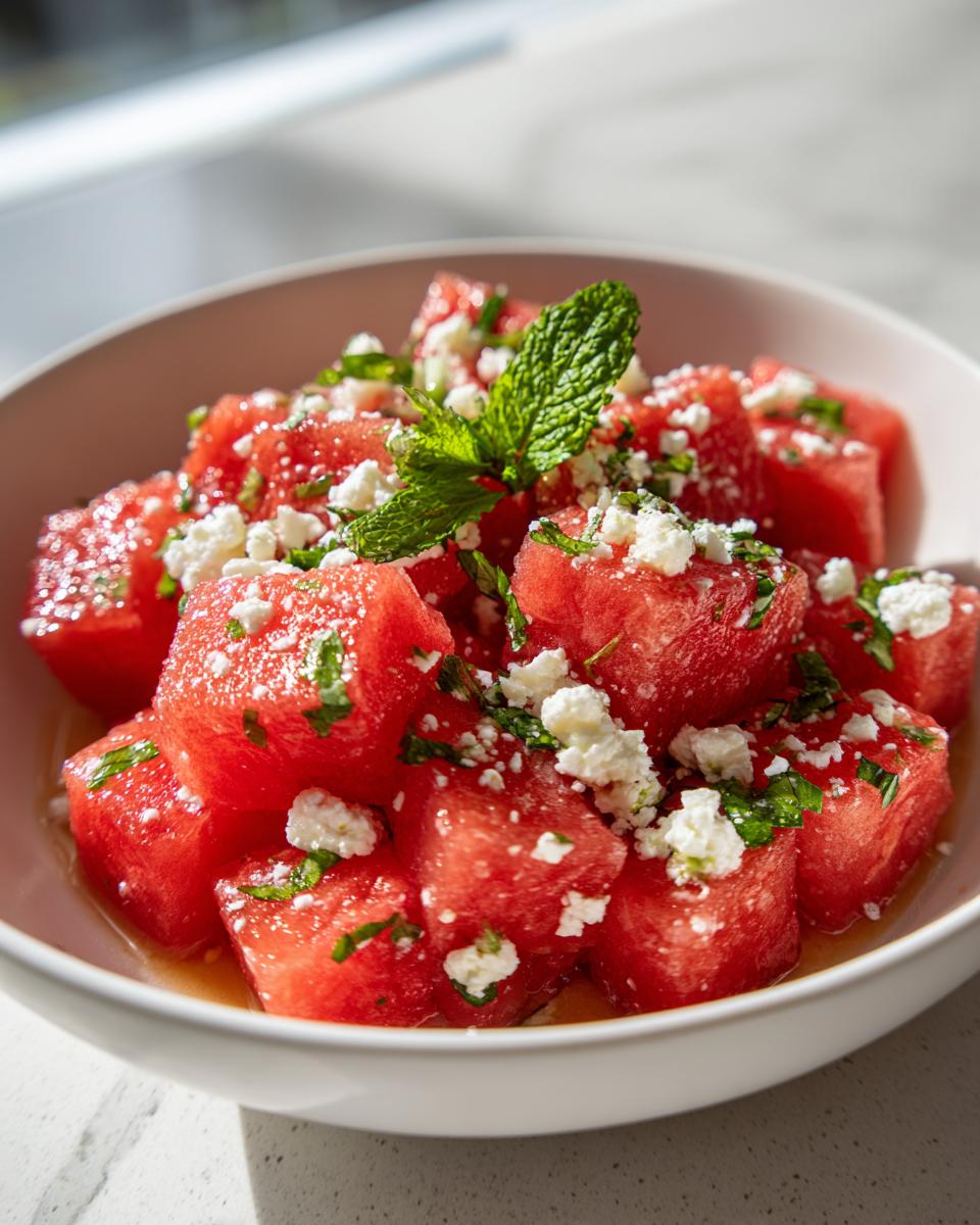 Close-up of a refreshing summer salad with cubed watermelon, crumbled feta cheese, and fresh mint leaves.
