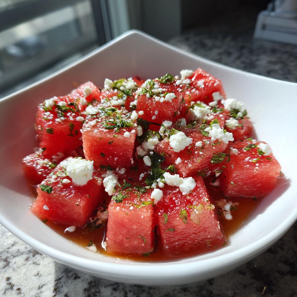A close-up of a white bowl filled with cubed watermelon, crumbled feta cheese, and chopped mint, showcasing a refreshing summer salad.