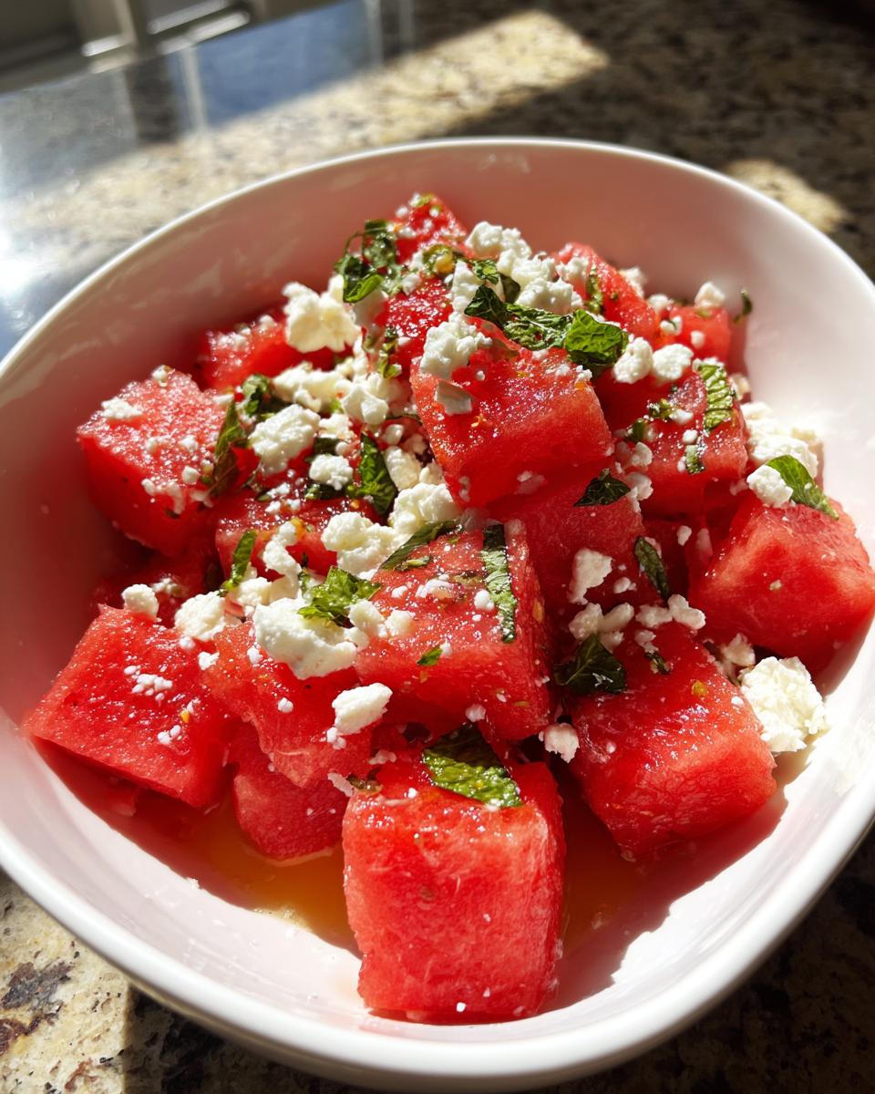 A refreshing summer salad with cubed watermelon, crumbled feta cheese, and fresh mint leaves.