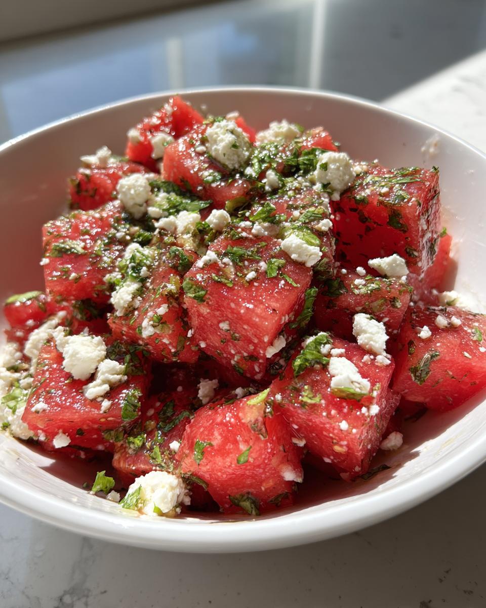 Close-up of a refreshing summer salad with cubed watermelon, crumbled feta cheese, and fresh mint.