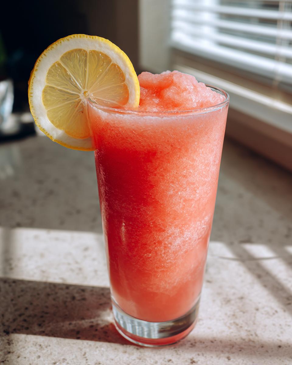 A tall glass filled with a frosty, pink watermelon and frozen lemonade drink, garnished with a slice of lemon.