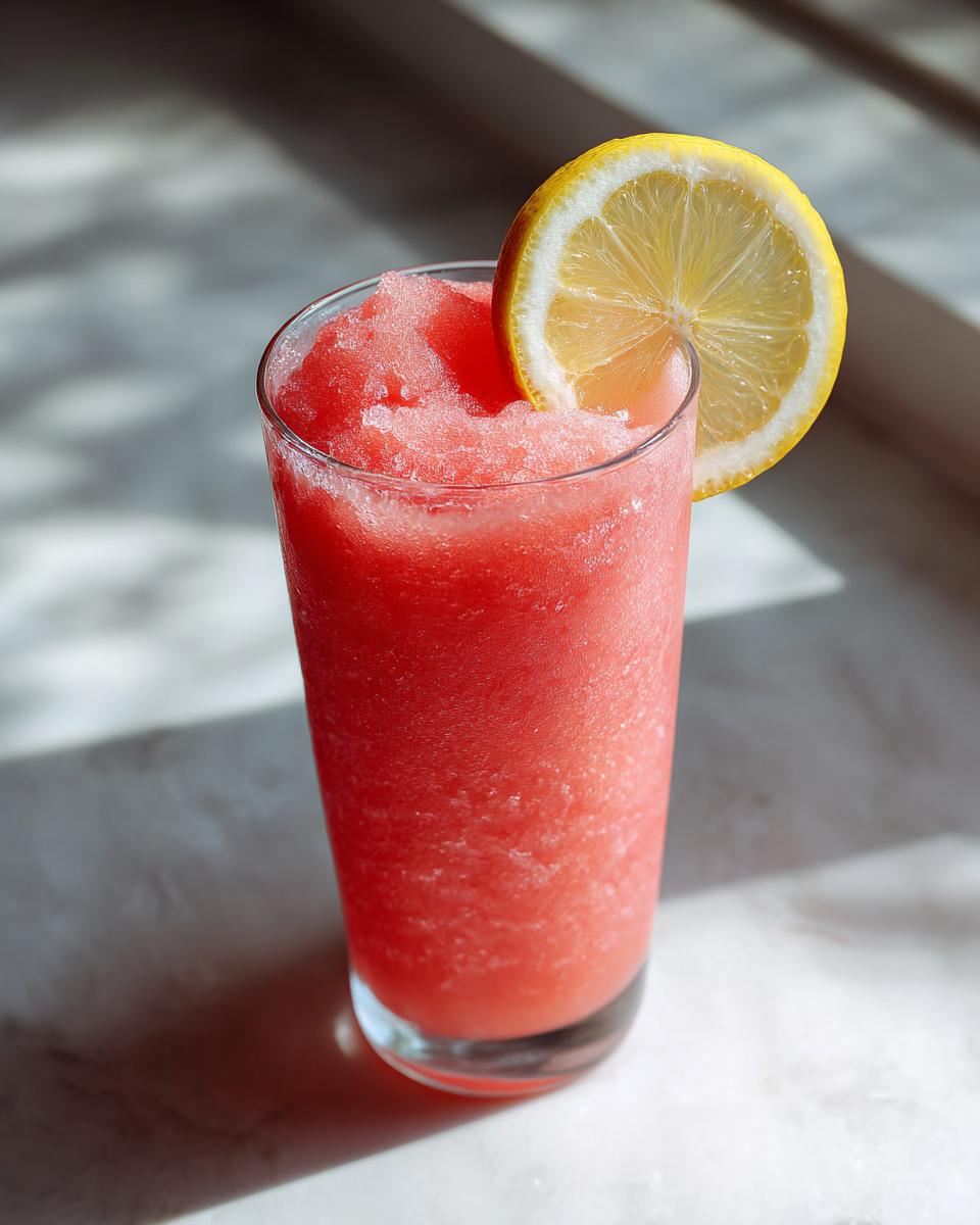 A tall glass filled with a frosty watermelon and frozen lemonade slush, garnished with a lemon slice.