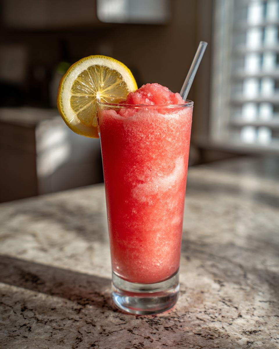 A refreshing glass of watermelon recipe with frozen lemonade, garnished with a lemon slice and a straw.